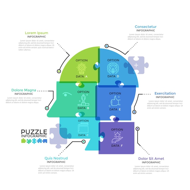 Human head or profile divided into 6 colorful translucent jigsaw puzzle pieces. Concept of six features of business thinking. Modern infographic design template. Creative vector illustration.