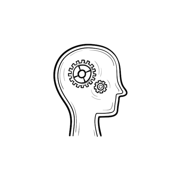 Human head with gears hand drawn outline doodle icon. Brain activity and functioning, thinking and idea concept. Vector sketch illustration for print, web, mobile and infographics on white background