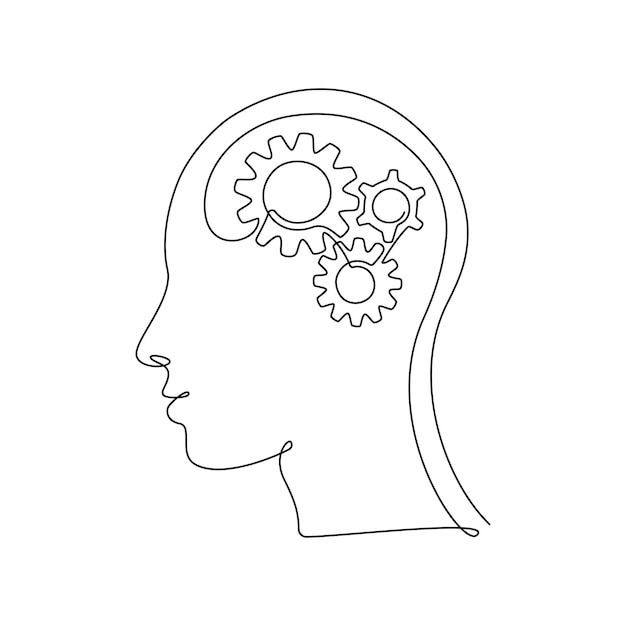 Human head with gears inside in Continuous one line drawing. Concept of creative brain process and Technology progress. Cogwheels in human body in thin linear style. Doodle Vector illustration.