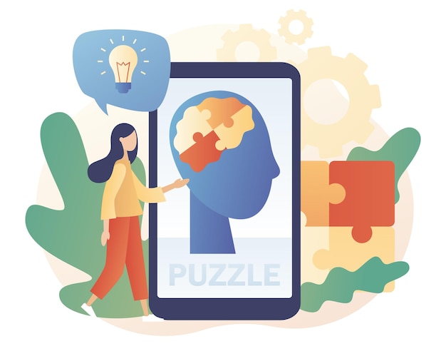 Human heads puzzle on smartphone screen. Mental health. Knowledge, psychology, memory, logic.