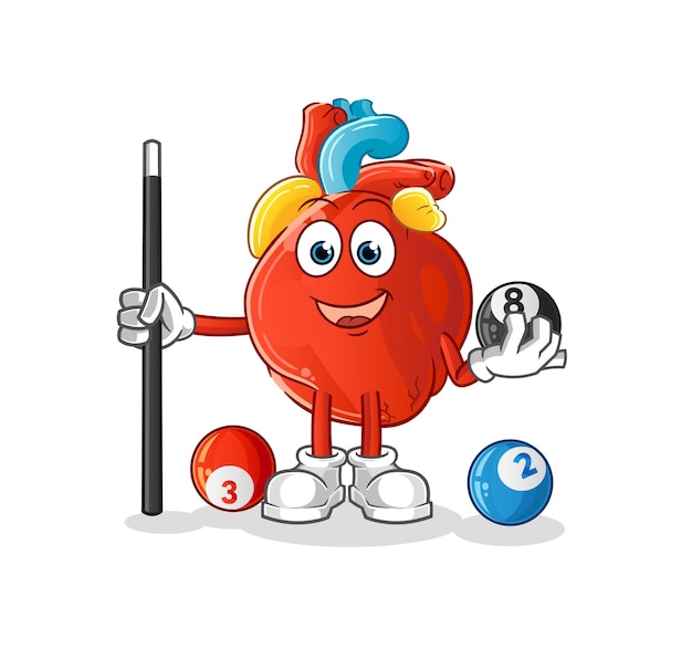 Human heart plays billiard character. cartoon mascot vector