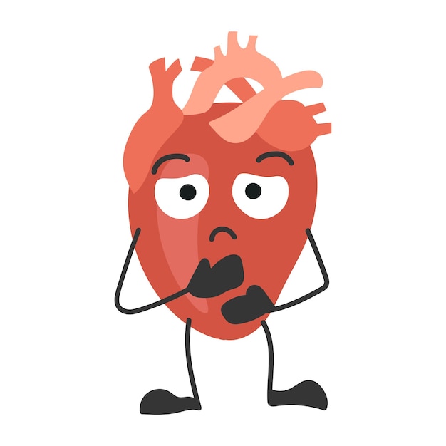 Human heart with eyes Sad heart Organ with emotions cartoon style Vector illustration