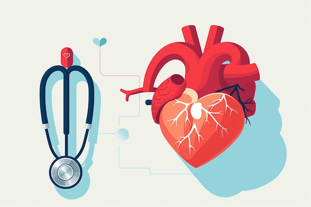 Vector human heart with stethoscope simple flat illustration