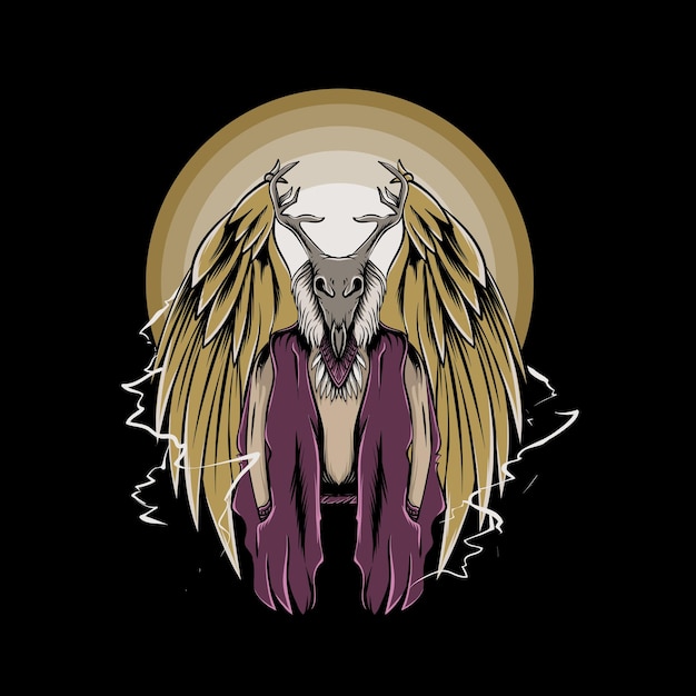 human legend illustration deer skull head with wings