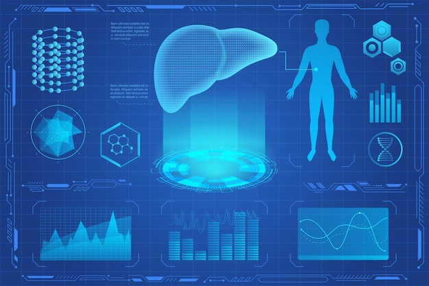 Human liver futuristic medical hologram virtual reality interface.