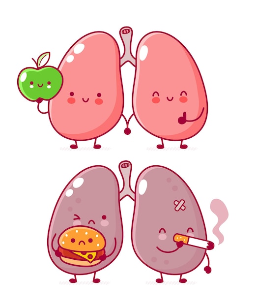 human lungs organ character with burger and cigarette