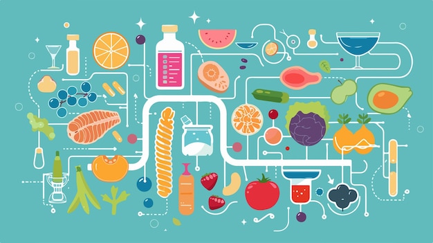 Vector human metabolism vector banner with labeled chemical compounds