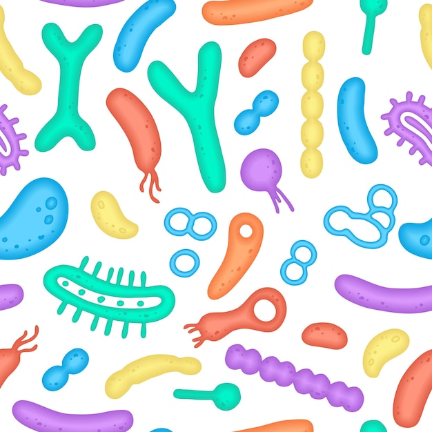 The human microbiome is a seamless pattern Vector image Bifidobacteria lactobacilli Lactic acid