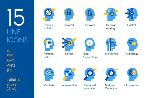 Human mind processes flat vector icons set