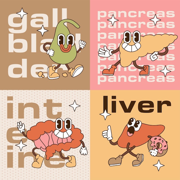 Vector human organs banners set of liver intentine gallbladder pancreasin in trendy retro cartoon style squ