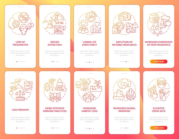 Human overpopulation red gradient onboarding mobile app screen set