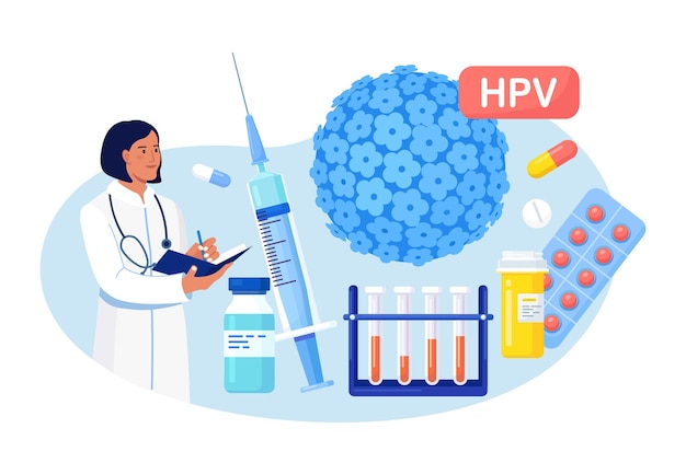 Vector human papillomavirus. doctor diagnosis hpv virus. cervical cancer early diagnostics and checkup. scientist analyzing infected cells. hpv vaccination for reduce virus infection risk or oncology