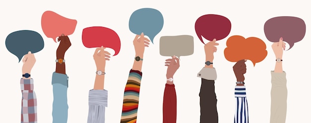 Human resources concept Raised hand up of multicultural business people holding speech bubble