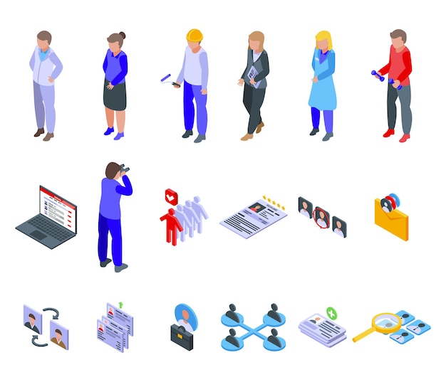 Human resources icons set. Isometric set of human resources vector icons for web design isolated on white background