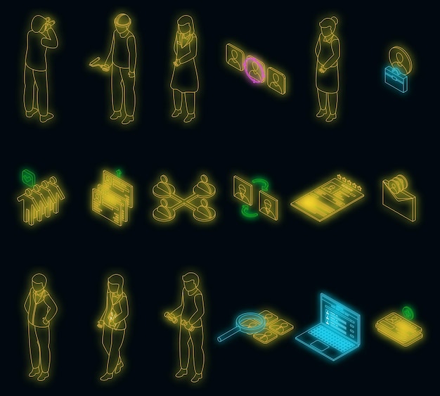 Human resources icons set vector neon