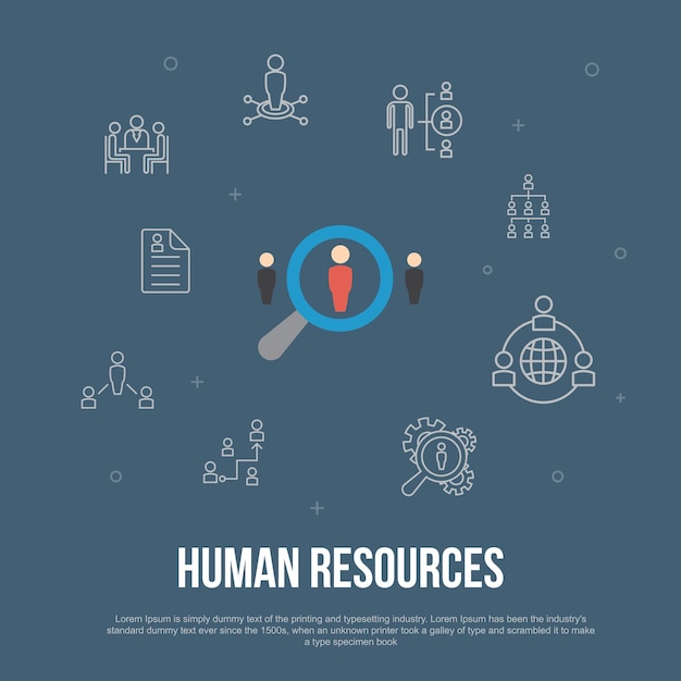 Human Resources trendy UI flat concept with simple line icons. Contains such elements as job interview, hr manager, outsourcing, resume and more