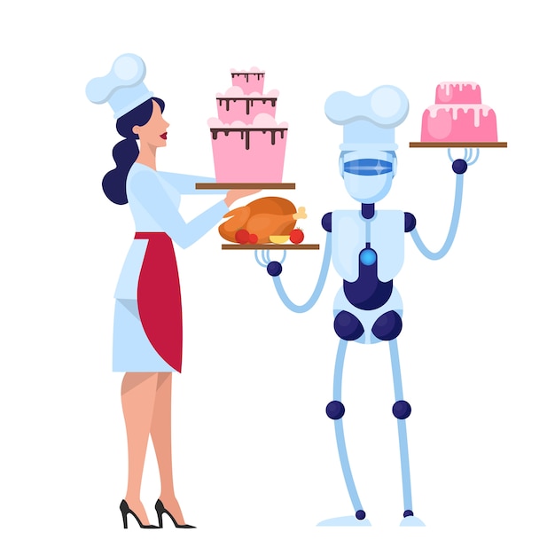 Human and robot chef cooking tasty cake on the kitchen. Cyborg in food industry. Mechanical technology.   illustration 