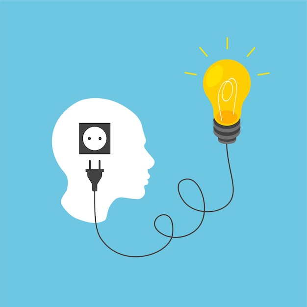 Human silhouette head and bulb is plugged into a socket Nonstandard thinking creative idea concept