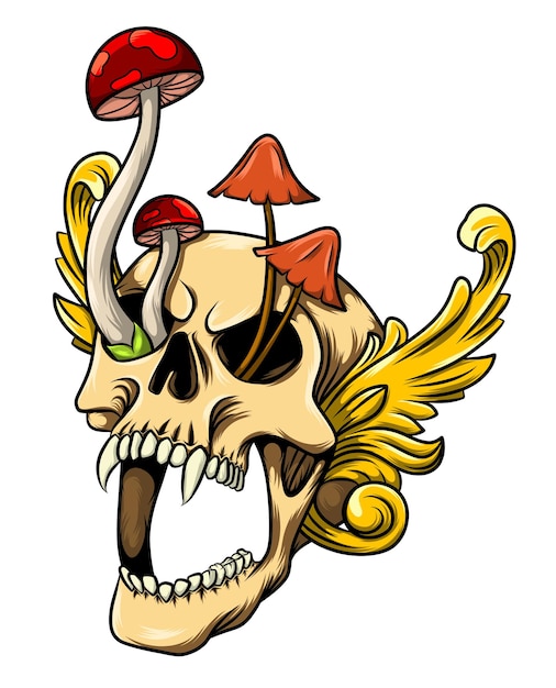 Human skull and baroque with mushroom for tattoo design of illustration