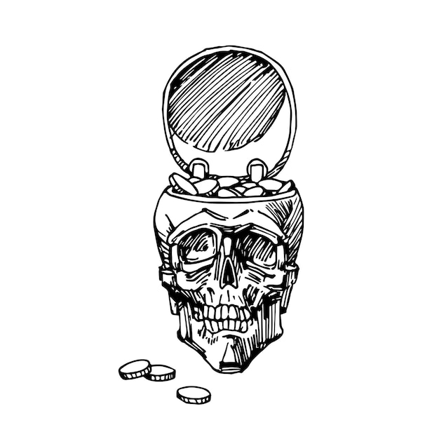 A human skull filled with coins. Golden thoughts. Pirate treasure chest.