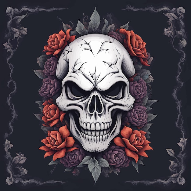 Human skull floral vector illustration skeleton art design with flower