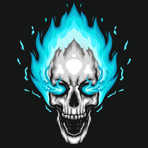 Human skull illustration of blue fire