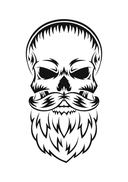 Human skull with beard and mustache Black silhouette Design element Hand drawn sketch Vintage style Vector illustration