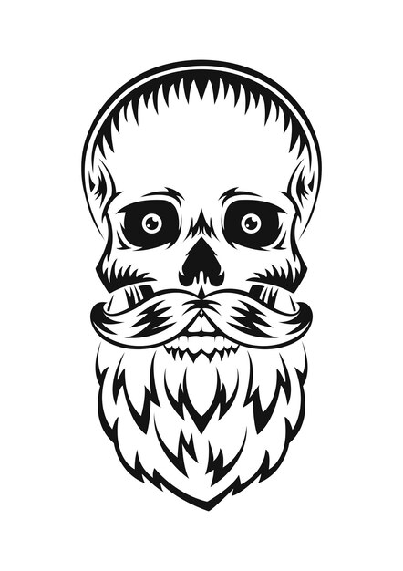 Human skull with beard and mustache. Black silhouette. Design element. Hand drawn sketch. Vintage style.