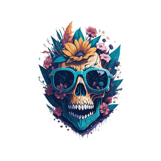 Human skull with colorful flowers and leaves with trendy sun glass t shirt design