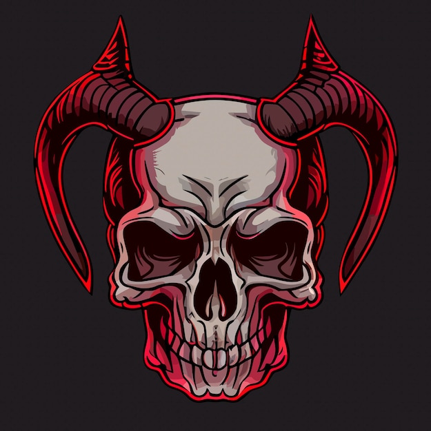 Human skull with demon horns vector icon