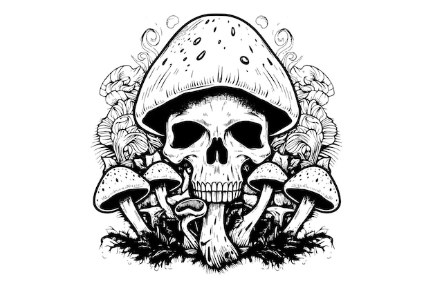 Human skull with mushrooms in woodcut style Vector engraving sketch illustration for tattoo and pri