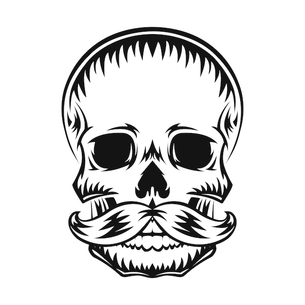 Human skull with mustache Black silhouette Design element Hand drawn sketch Vintage style