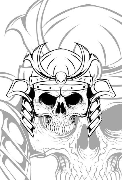 Human skull with samurai hat vector illustration