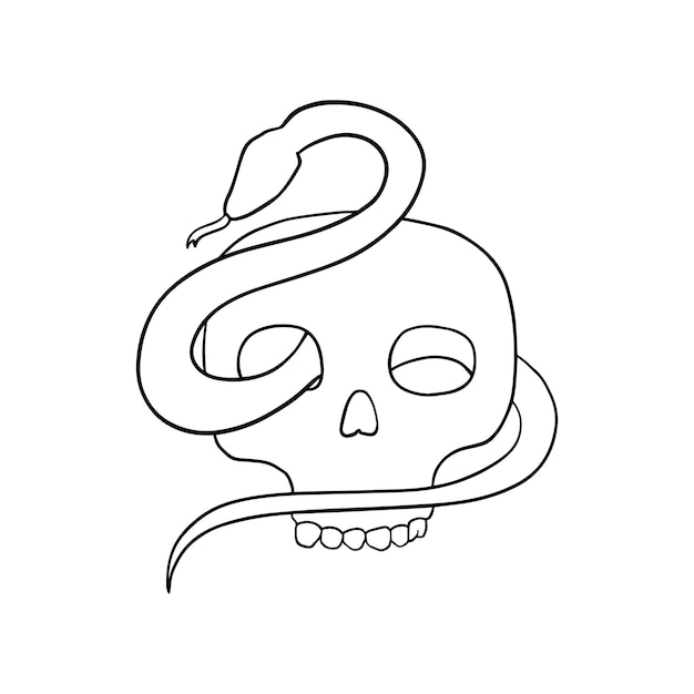 Human skull with snake bones remains carnivorous animal doodle linear cartoon coloring