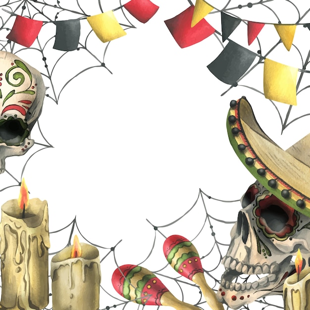 Human skulls in a sombrero hat with maracas garlad flags candles and cobwebs hand drawn watercolor