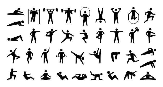 Human sport icons Physical training Fitness and gym exercises Yoga or aerobic workout Isolated symbols with stick man Minimal athletic person Body silhouettes Vector signs set