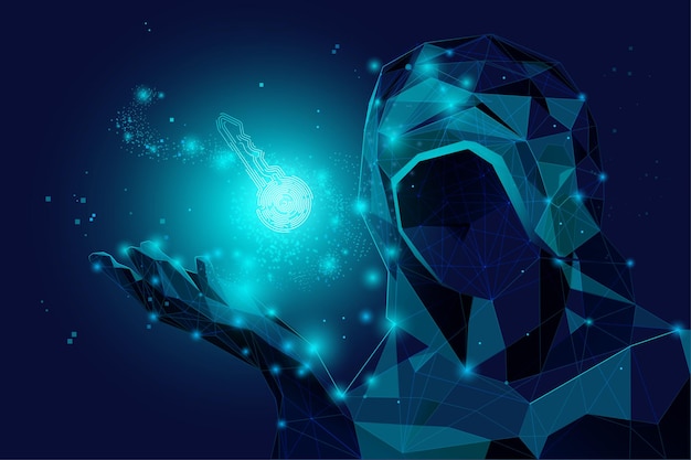 Human with hood call hacker has key of cyber security or private key vector illustration