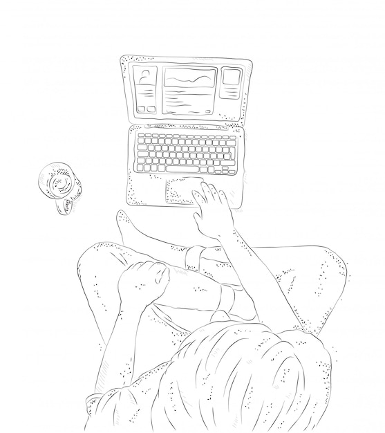 Human with laptop at home, sitting on the floor. Hand drawn contour illustration, young man top view on white