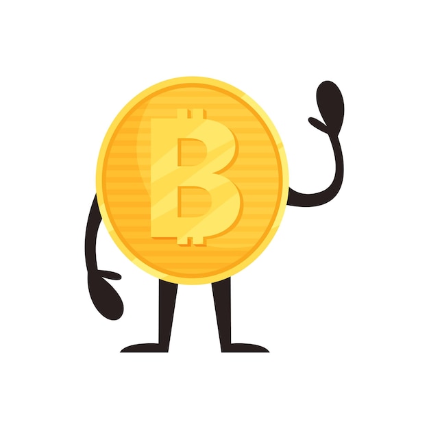 Humanized bitcoin character standing and waving by hand Shiny golden coin icon Cryptocurrency money and finance concept Flat vector design for mobile app or sticker