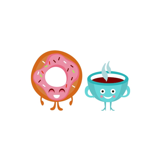 Humanized Coffee And Doughnut Funny  Flat Vector Illustration In Cartoon Style Isolated On White Background