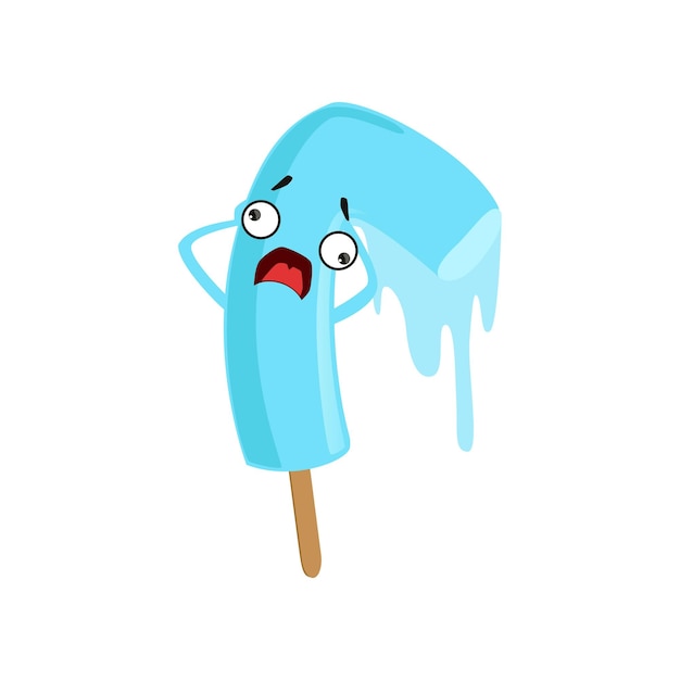 Humanized melting ice lolly with frightened face expression. Sweet summer dessert. Cartoon character of blue ice-cream with little hands. Graphic design for sticker or print. Flat vector illustration.