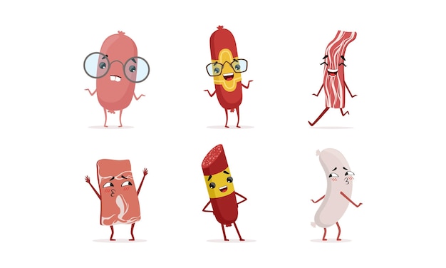 Vector humanized sausage characters set cute sausages with funny faces showing different emotions cartoon vector illustration