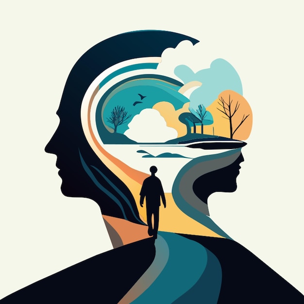 humano caminando hacia un futuro prometedor en forma de cerebro vector illustration