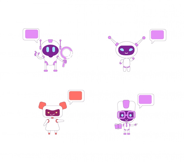 Humanoid bots flat color characters set. Boy AI with book and magnifying glass. Girl bot assistant waving. Robot with speech bubbles isolated cartoon illustrations on white background