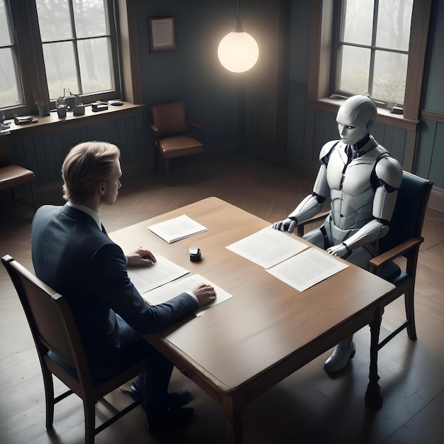 Vector a humanoid robot and a man sit at a table in an office setting reviewing documents