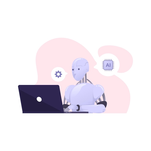 Humanoid robot working on laptop, vector illustration