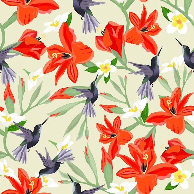 Humiingbird in orange and white blossom seamless pattern.