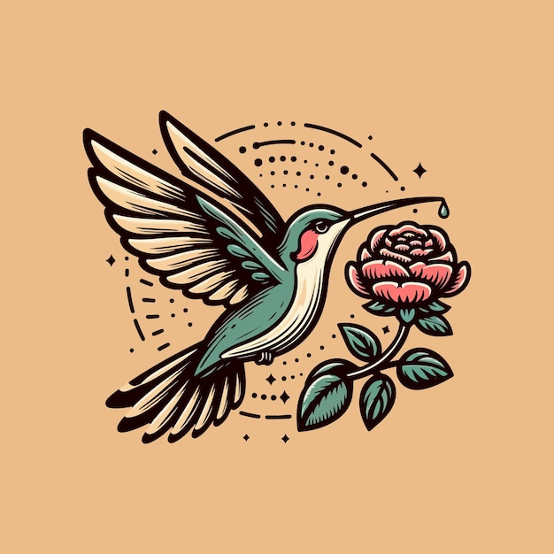 Hummingbird and Flower line art illustration retro vintage design