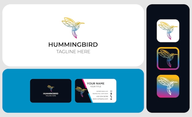 Hummingbird line art logo and business card vector template