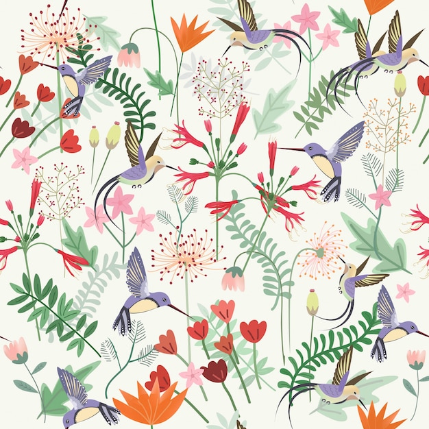 Vector hummingbird in sweet flower garden seamless pattern.